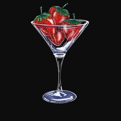 strawberry in glass, An artistic illustration of a tall-stemmed martini glass on a dark background, featuring one brightly colored red strawberry alongside sketch/line-art elements. The image combines