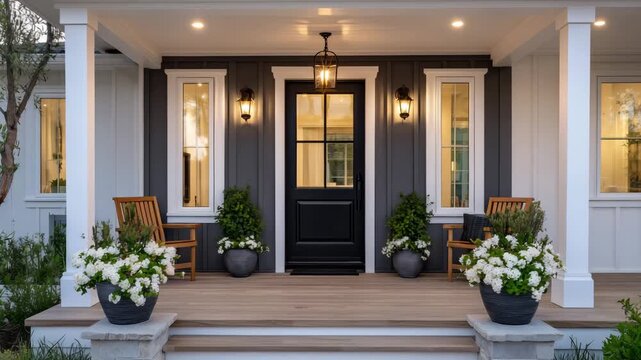 82Beautifully balanced farmhouse exterior in modern gray, central wooden door framed by twin sconces, overhead lantern with soft yellow light illuminating the porch, surrounded by pl