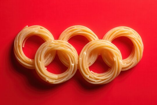 Five rings carefully shaped from cooked spaghetti arranged flat on a red background