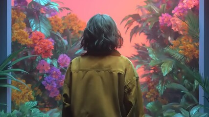 Person in Yellow Jacket Gazing at Vibrant Abstract Floral Display. - Powered by Adobe