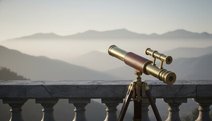 Classic brass and wood telescope stands on a weathered stone balcony, offering a serene view of misty, layered mountains under soft, natural light, evoking a sense of discovery and contemplation