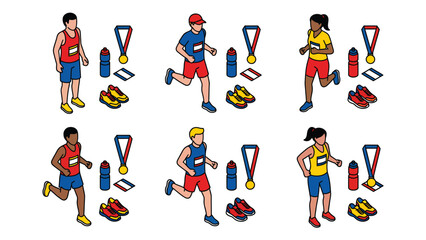 Diverse Runners in Isometric Style Marathon Athletics Championship Medals Running Gear and Victory Celebration