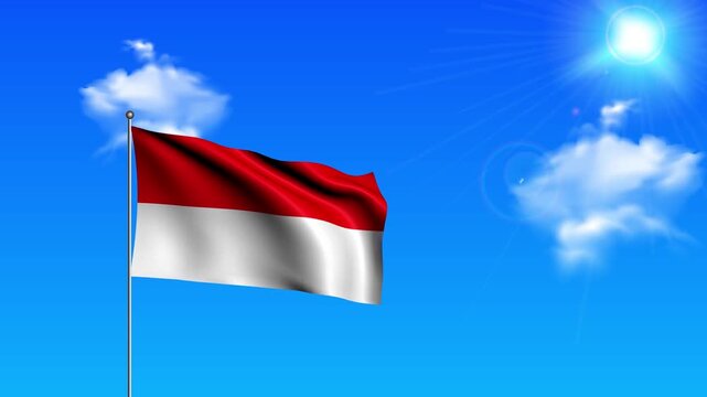 Realistic Standing Vertical INDONESIA Wavy Flag on Metallic Pole with Loop Animation