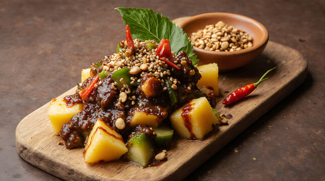 Freshly Prepared Rujak Petis Served on a Traditional Javanese Serving Board