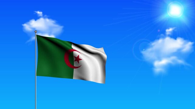 Realistic Standing Vertical ALGERIA Wavy Flag on Metallic Pole with Loop Animation