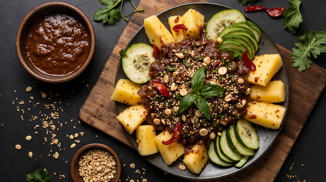 Freshly Prepared Rujak Petis Served on a Traditional Javanese Serving Board