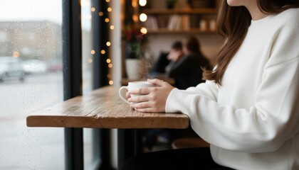 Young woman in a white sweater holds a steaming white mug, sitting at a rustic wooden table by a rainy window in a cozy cafe with blurred bokeh lights
