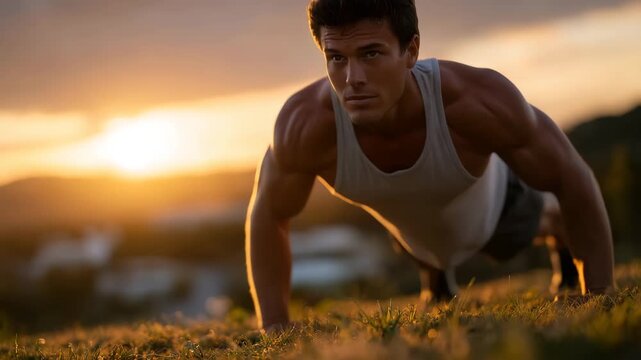 103Man training in open field at sunset, doing pushups with perfect form, fiery orange sky and backlit silhouette conveying motivation and athletic lifestyle