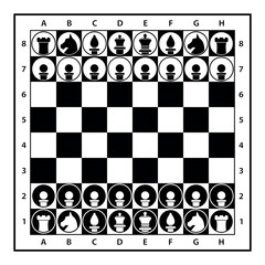 chessboard with chess pieces in separated layers, black and white vector illustration isolated on white