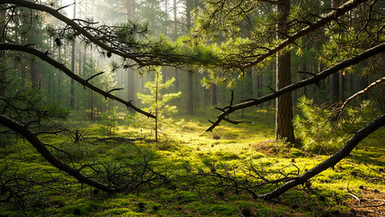 Sunlit pine forest ground framed by dark branches and bright moss