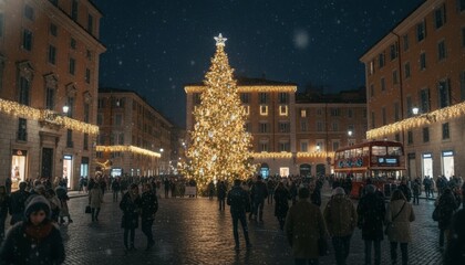 Obraz premium Grand illuminated Christmas tree stands tall in a bustling city square at night, surrounded by festive lights, walking people, and falling snow, creating a magical holiday atmosphere