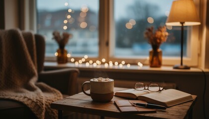 Steaming ceramic mug of hot chocolate with marshmallows sits on a rustic wooden table, next to an open book and reading glasses, creating a cozy indoor scene by a window with blurred string lights