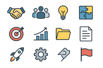 Teamwork icon team vector folder gear set rocket puzzle light goal flag