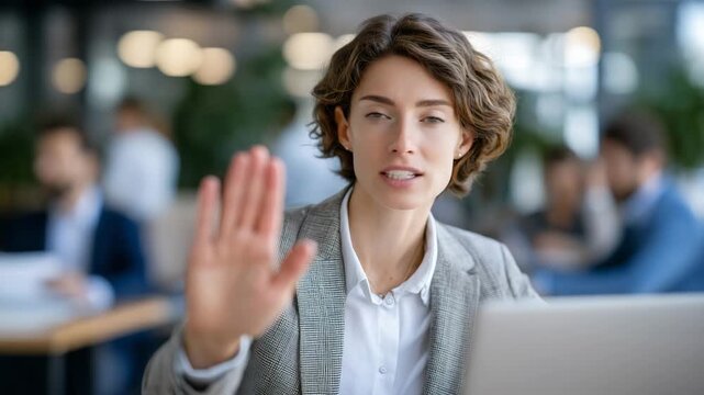 124Professional woman in formal attire sitting at office desk, showing stop sign with hand, weary eyes, blurred background of coworkers symbolizing workplace pressure and stress aware