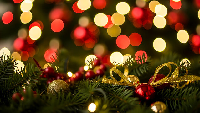 Warm red and gold bokeh lights over Christmas garland and ribbon close up - Powered by Adobe