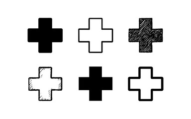 Obraz premium Diverse cross symbol set: solid, outline, and sketch styles