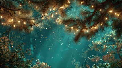 Twinkling string lights illuminate dark pine branches above a magical forest scene with soft bokeh effects