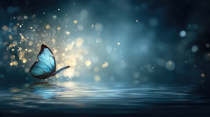 Brilliant blue insect hovers just above a dark, reflective water surface surrounded by glowing orbs