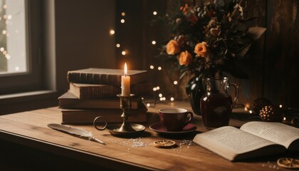Fototapeta premium Lit candle in a brass holder illuminates a stack of old books and an open journal on a rustic wooden table, creating a warm, cozy, and contemplative atmosphere with soft bokeh lights