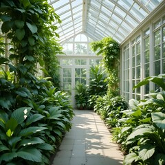 "Bright White Glasshouse Amid Lush Green Foliage, Serene Botanical Garden"