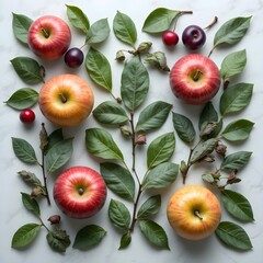 Square Botanical Still Life with Sage, Apples & Cherry Plums