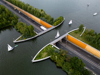 Drone view of the famous aquaduct near Harderwijk, The Netherlands