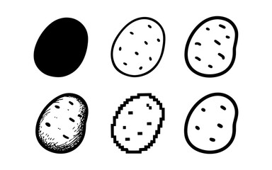 Fototapeta premium Diverse styles of potato icons featuring minimal, doodle, and pixel art variations