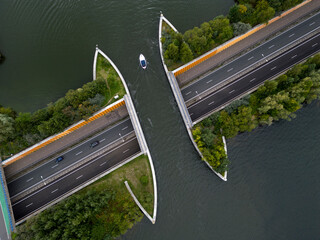Drone view of the famous aquaduct near Harderwijk, The Netherlands