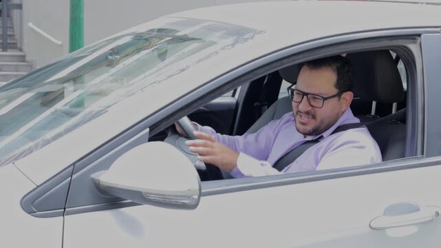 Taxi Driver Smiling While Driving in City - Powered by Adobe
