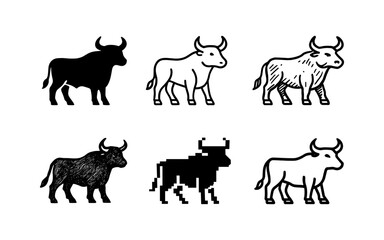 Fototapeta premium Diverse bull designs: silhouette, pixel, and line art styles