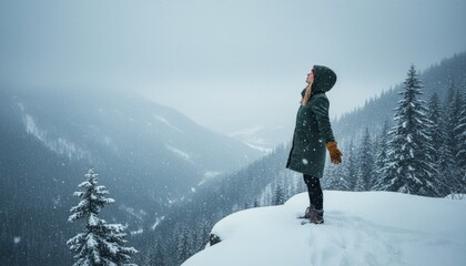 Young woman in a green winter coat stands on a snowy mountain peak, looking up with closed eyes as snowflakes gently fall around her, embracing the serene winter landscape