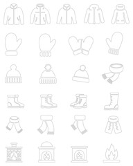 Minimalist line art illustration of winter clothing including jacket, sweater, coat, scarf, hat, and boots. Clean black outline design suitable for winter fashion icons, seasonal illustration.