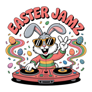 Easter Bunny DJ with Colorful Swirls and Eggs rabbit isolated on a transparent background