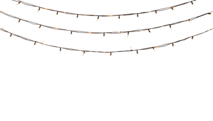Three rows of small string lights with soft white glow on transparent background holiday decoration