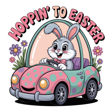 Gray Easter bunny driving a pink and mint green polka dot car isolated on a transparent background