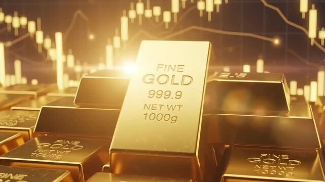 Gold investment scene with glowing bullion bars on financial market background showing rising chart for wealth growth business profit asset value and smooth animated motion graphic video footage 