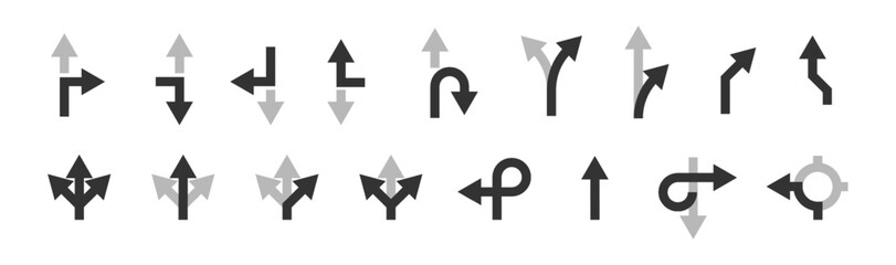 Navigation road arrows set with turning, straight and crossroad directions PNG. Location point marks for driving route and map guidance vector