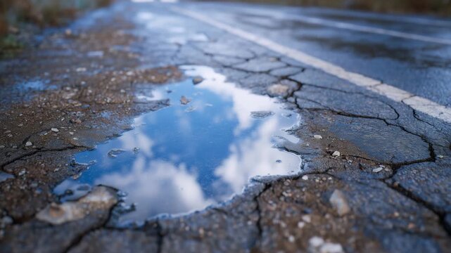 247Broken asphalt with scattered gravel and puddles reflecting cloudy skies, cinematic atmosphere evoking desolation and time-worn neglect