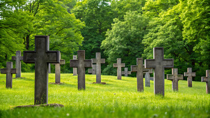 Peaceful graveyard scene with many stone crosses