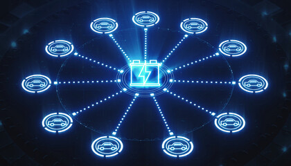 Connected Electric Vehicles: A network of electric vehicles is interconnected, radiating from a central battery, representing a vision of sustainable transport, with electric energy.