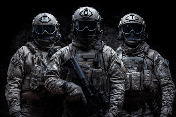Three soldiers in full combat gear stand ready for tactical operations in a dark environment during military training exercises