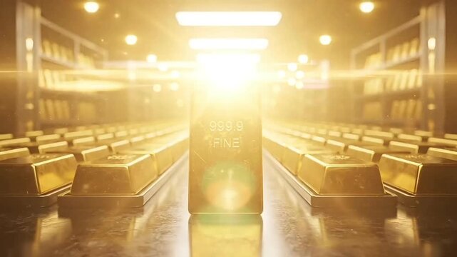 Gold bars arranged in long organized rows inside a secure vault shown in animated motion graphic style highlighting bright metal texture representing wealth asset value investment safety for commercia
