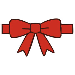  A simple red ribbon bow with bold outline is displayed as a decorative gift wrap element