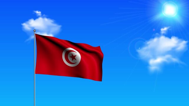 Realistic Standing Vertical Tunisia Wavy Flag on Metallic Pole with Loop Animation