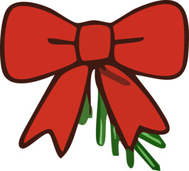 A red decorative bow outlined in dark brown is tied over sprigs of green pine leaves, resembling festive holiday decor.