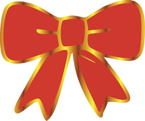 A bright red ribbon bow with a shiny golden border is illustrated in a simple festive style.
