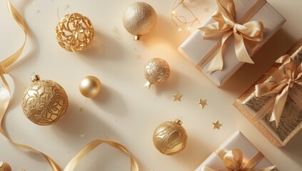 Christmas golden ornaments and gifts, presents on light background. Winter xmas holiday festive theme. Christmas decoration