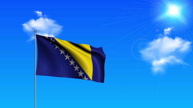 Realistic Standing Vertical Bosnia and Herzegovina Wavy Flag on Metallic Pole with Loop Animation