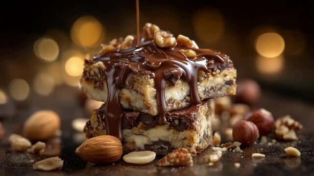 259Gourmet chocolate stack composition, thick creamy chocolate splash frozen behind, almonds, hazelnuts, and walnuts scattered around, warm golden lighting highlighting smooth and cru
