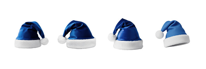 Set of Blue Velvet Santa Claus Hats, Isolated Christmas Element with Oil Paint Texture (PNG)